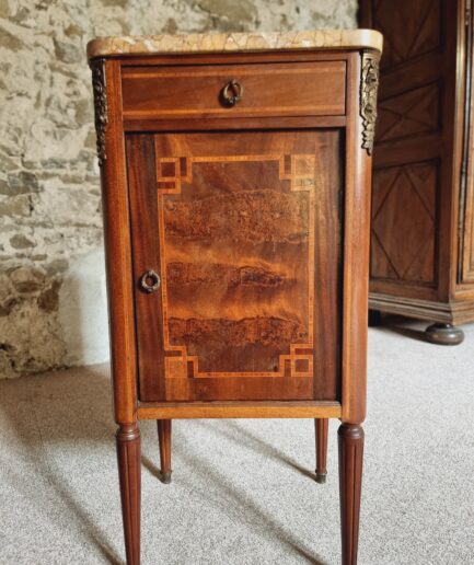 Antique French Nightstand with Marble Top – Mahogany & Walnut Inlay Side Table or Hall Cabinet, c. 1900 (1)
