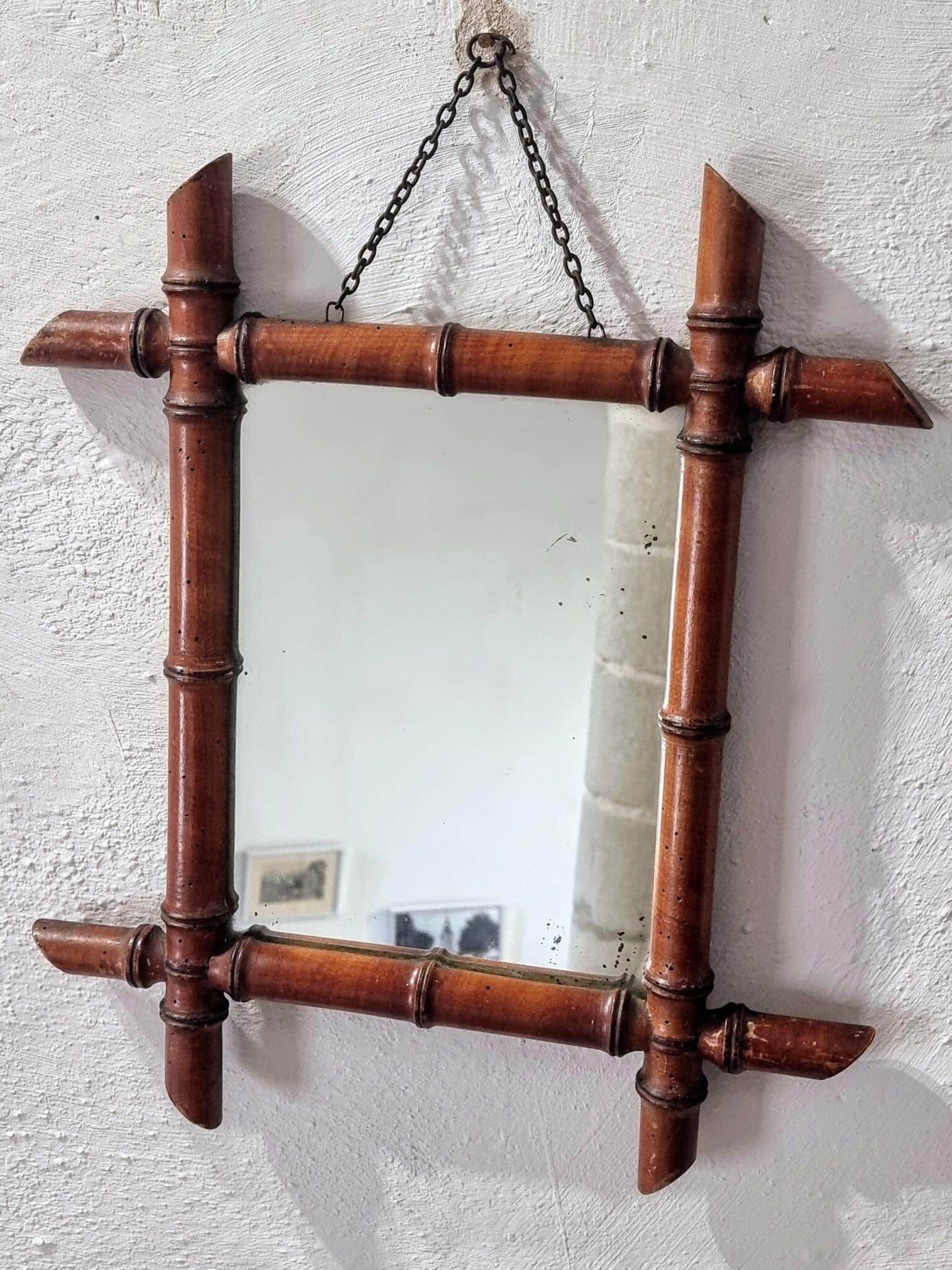Antique Faux Bamboo Mirror – French Wall Mirror with Chain, 38x44 cm (1) Antique Faux Bamboo Mirror – French Wall Mirror with Chain, 38x44 cm (1)