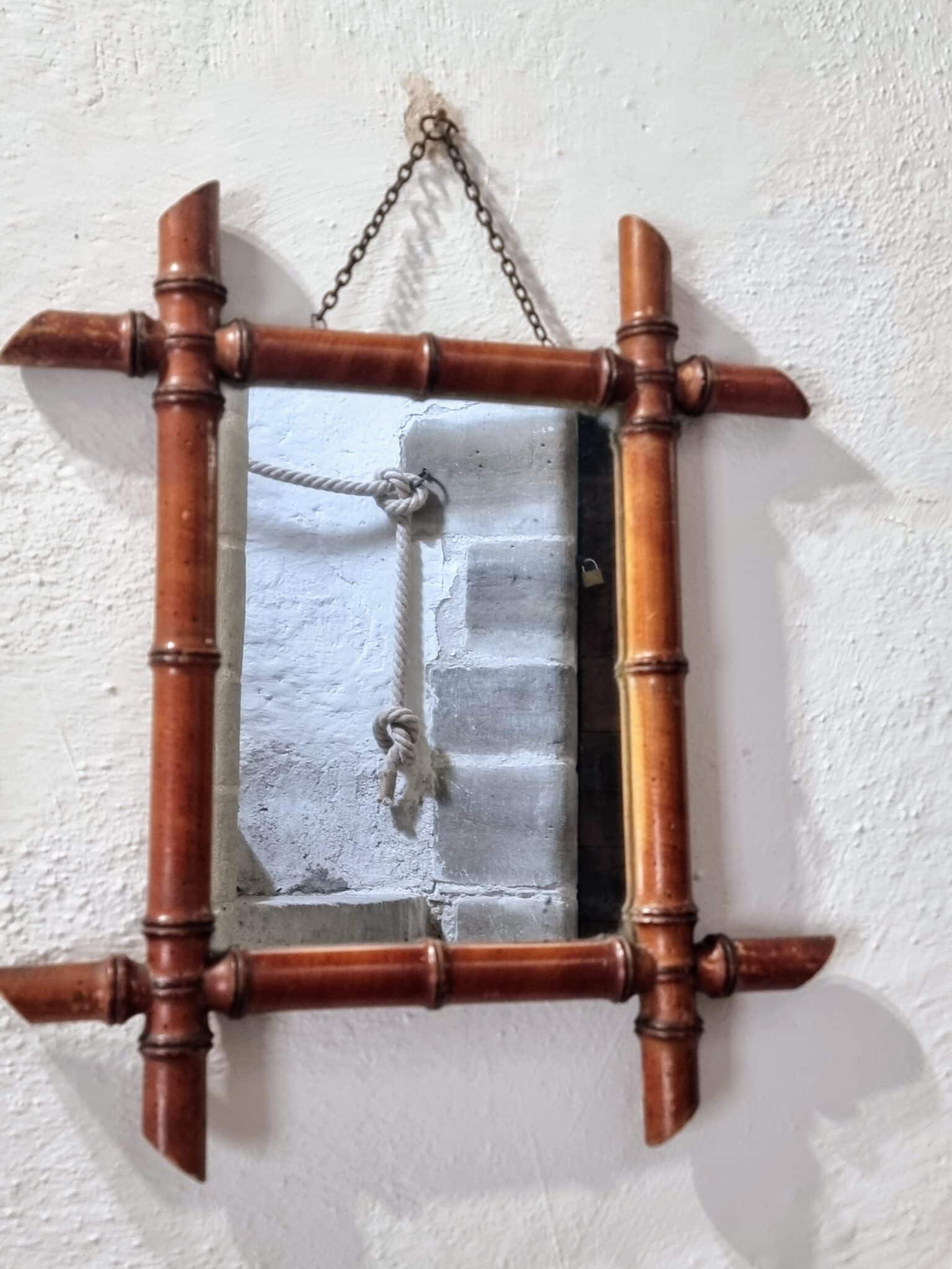 Antique Faux Bamboo Mirror – French Wall Mirror with Chain, 38x44 cm (3)