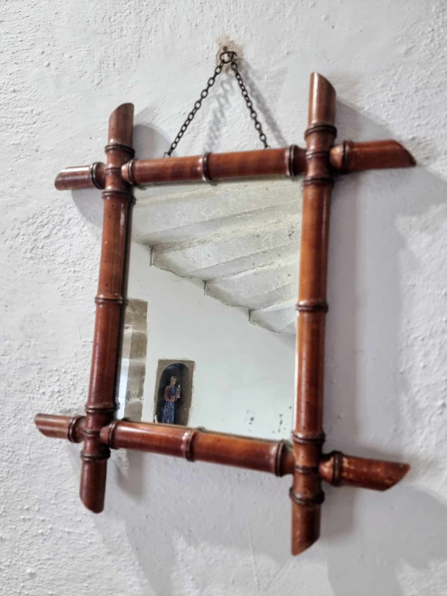 Antique Faux Bamboo Mirror – French Wall Mirror with Chain, 38x44 cm (5)