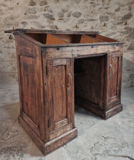 Antique French pine bar cabinet or counter from 1880 with sloped flap compartments