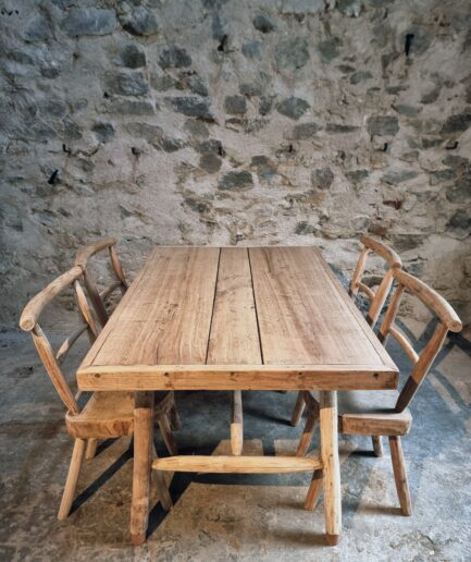 Rustic Handcrafted Dining Set with Oak and Ash, Table and 4 Chairs, 1960s (1)