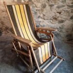 Vintage French Deck Chair – 1950s60s Beechwood Folding Recliner with Canvas Stripes, Adjustable Relax Chair (1)