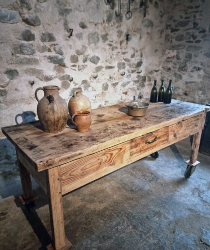 Vintage French Pine Work Table, 1930s Industrial Kitchen Island with Drawer and Castors (1)