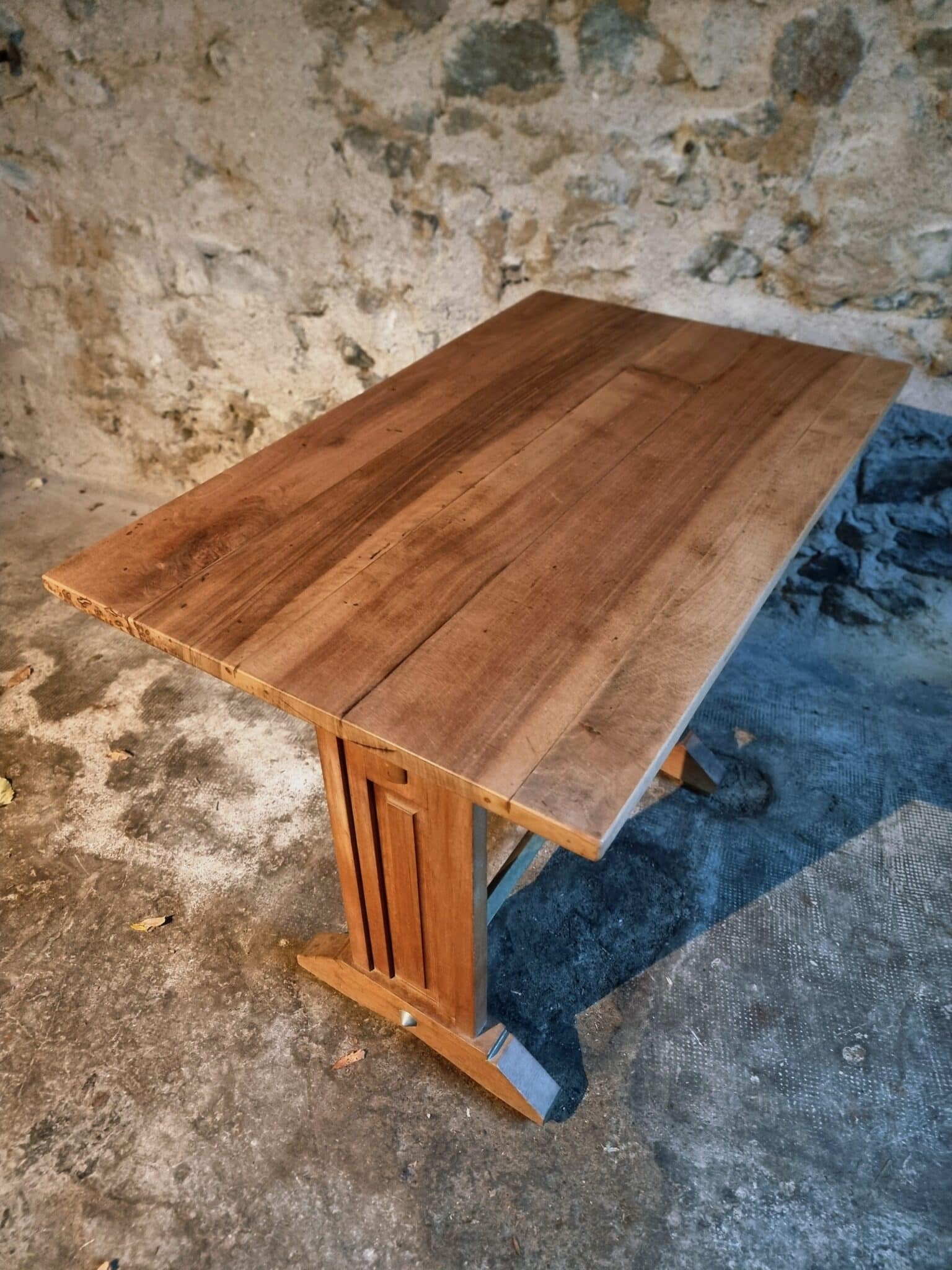 Vintage French Bistro Table 1930s – Beech Base with Walnut Top and Nickel-Plated Support (14)