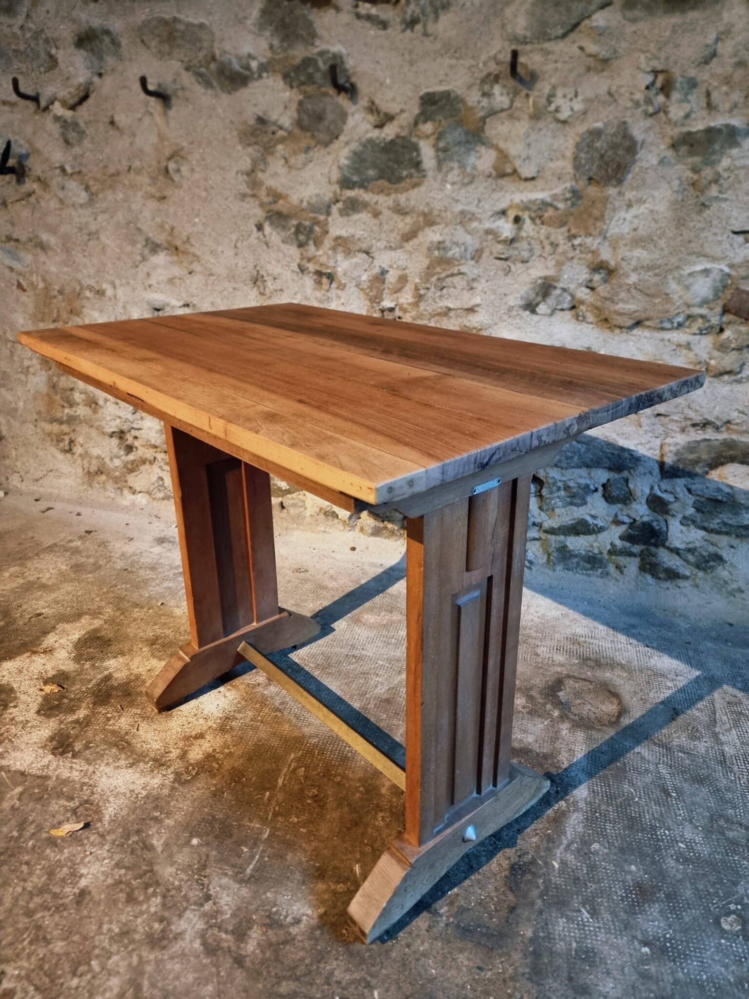 Vintage French Bistro Table 1930s – Beech Base with Walnut Top and Nickel-Plated Support (2)