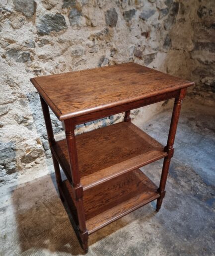 Vintage Side Table 1920s – French Oak Three-Tier Etagere with Turned Legs (1)
