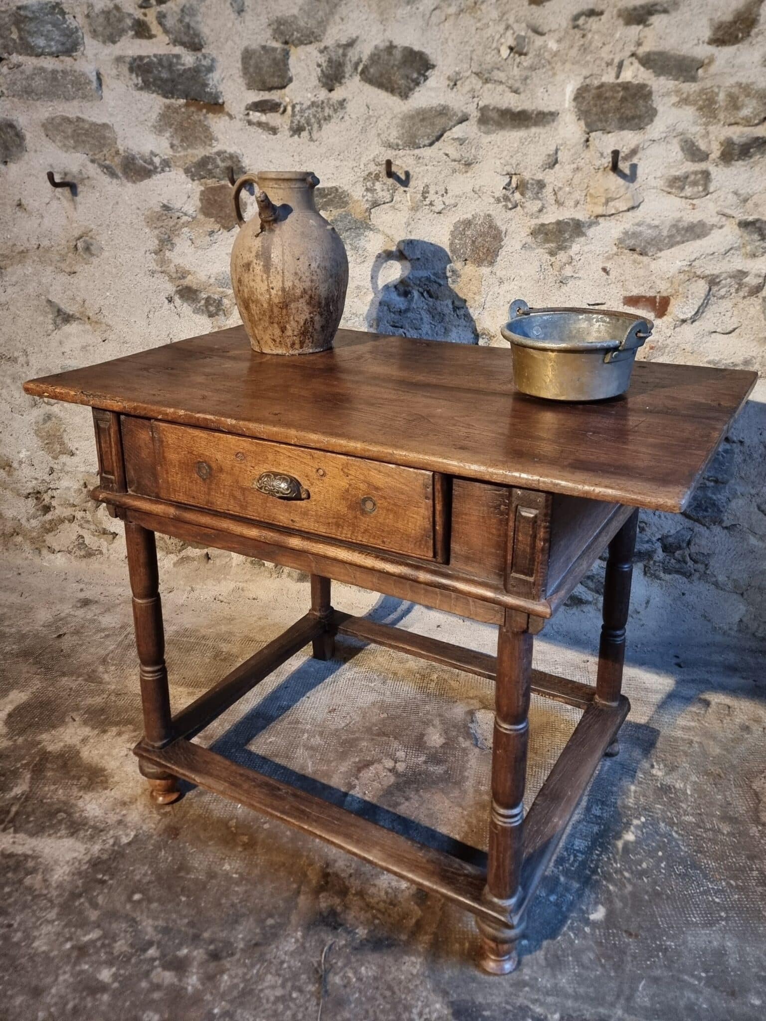 Rustic French Oak Table with Drawer, Late 18th – Early 19th Century, from the Auvergne (1) Rustic French Oak Table with Drawer, Late 18th – Early 19th Century, from the Auvergne (1)