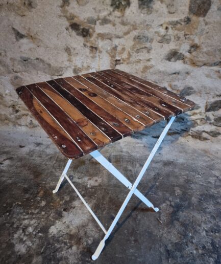 Vintage 1950s folding bistro table with wooden slatted top and iron base