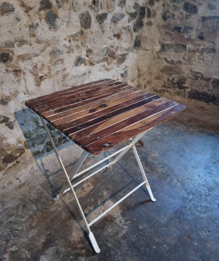 Mid century folding bistro table 60x60 cm with riveted wooden slats