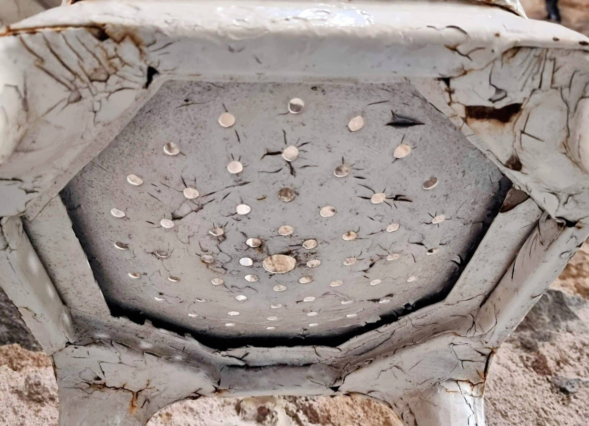 Vintage French Metal Stools – Set of 6 Multipl’s 1930s White Industrial Restaurant Stools (11) Multipl’s 1930s metal stools perforated seat detail