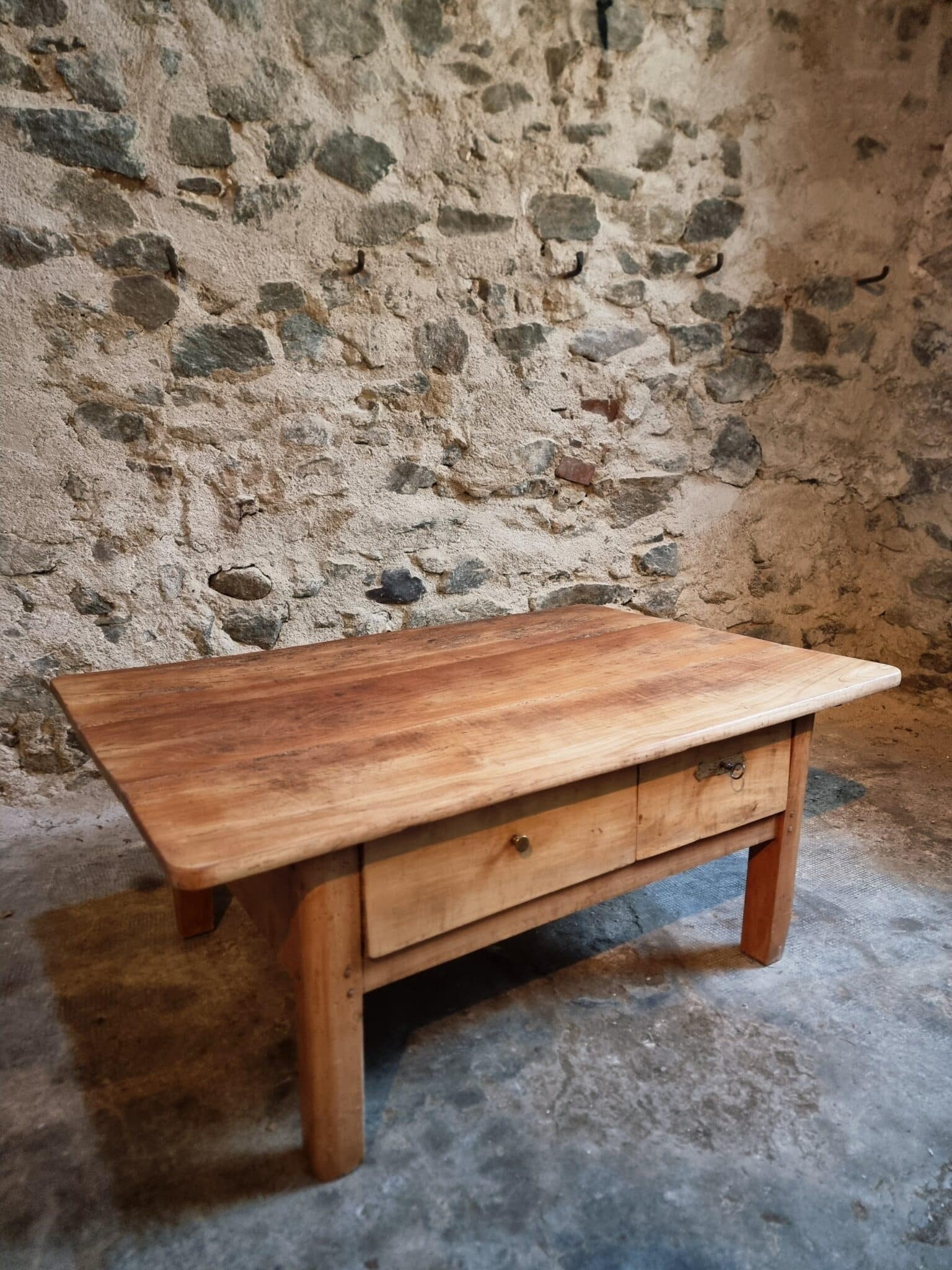18th Century Cherrywood Coffee Table with Two Drawers (1) 18th century cherrywood coffee table perspective view in interior setting
