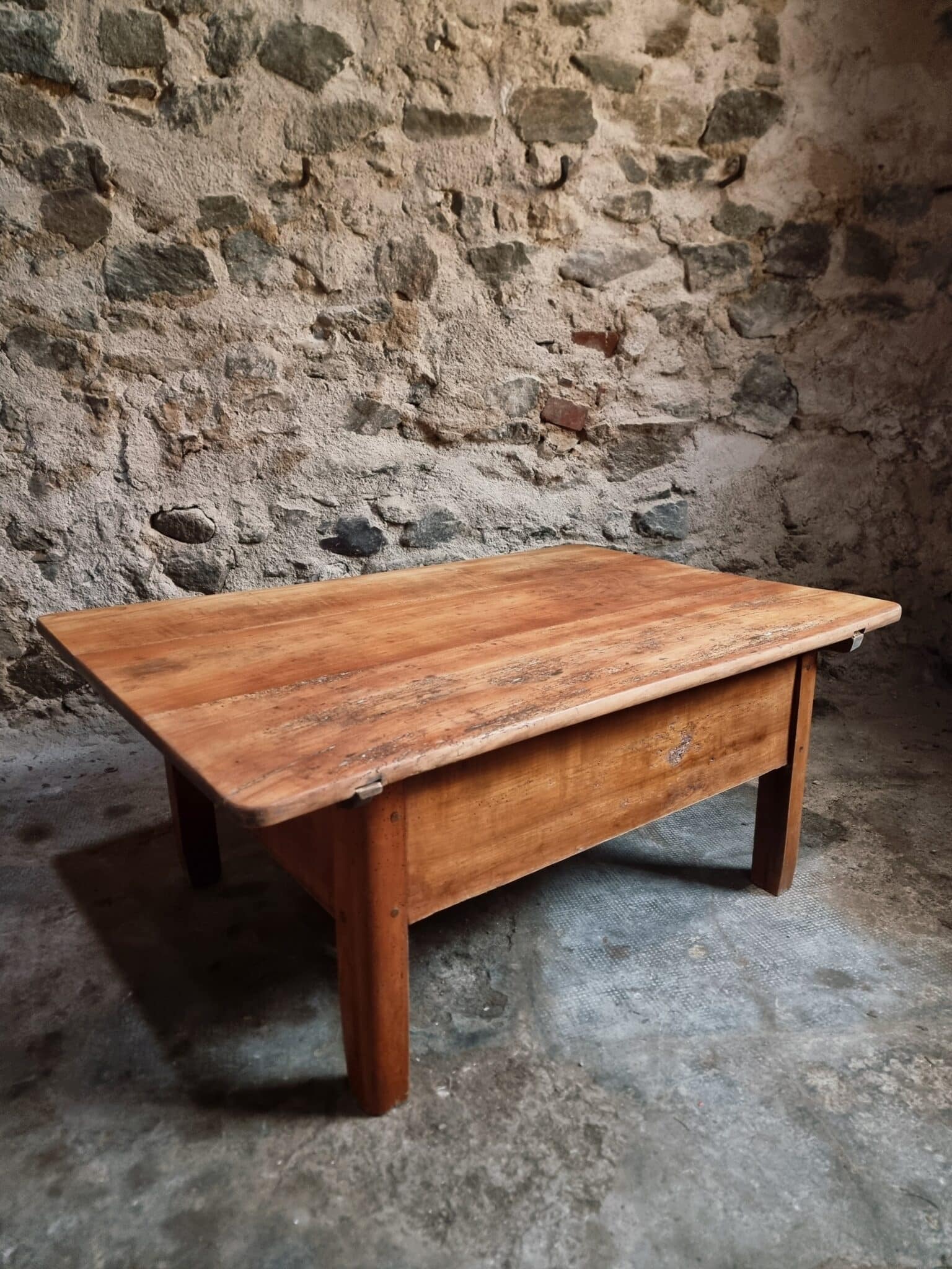 18th Century Cherrywood Coffee Table with Two Drawers (13) 18th century cherrywood coffee table rear view showing construction and legs