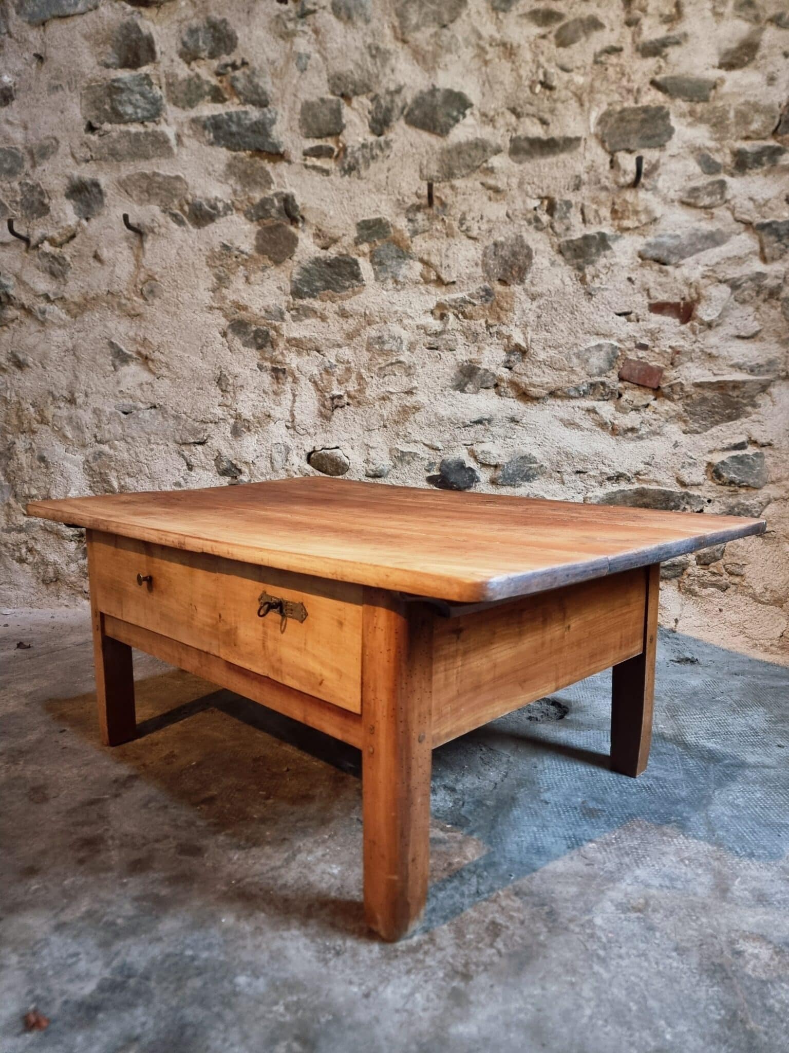 18th Century Cherrywood Coffee Table with Two Drawers (15) 18th century cherrywood coffee table angled view showing proportions and patina