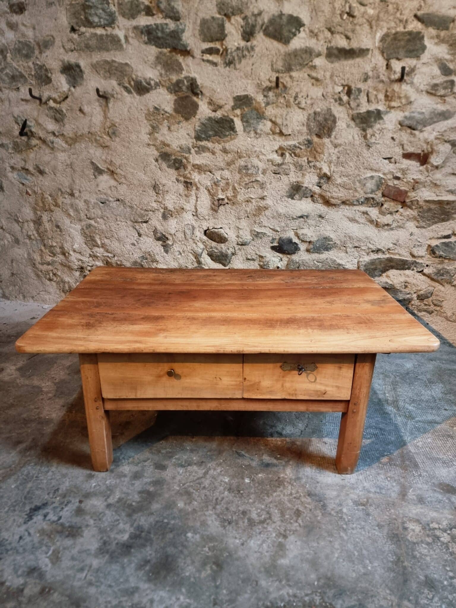 18th Century Cherrywood Coffee Table with Two Drawers (16) 18th century cherrywood coffee table front view antique table with two drawers