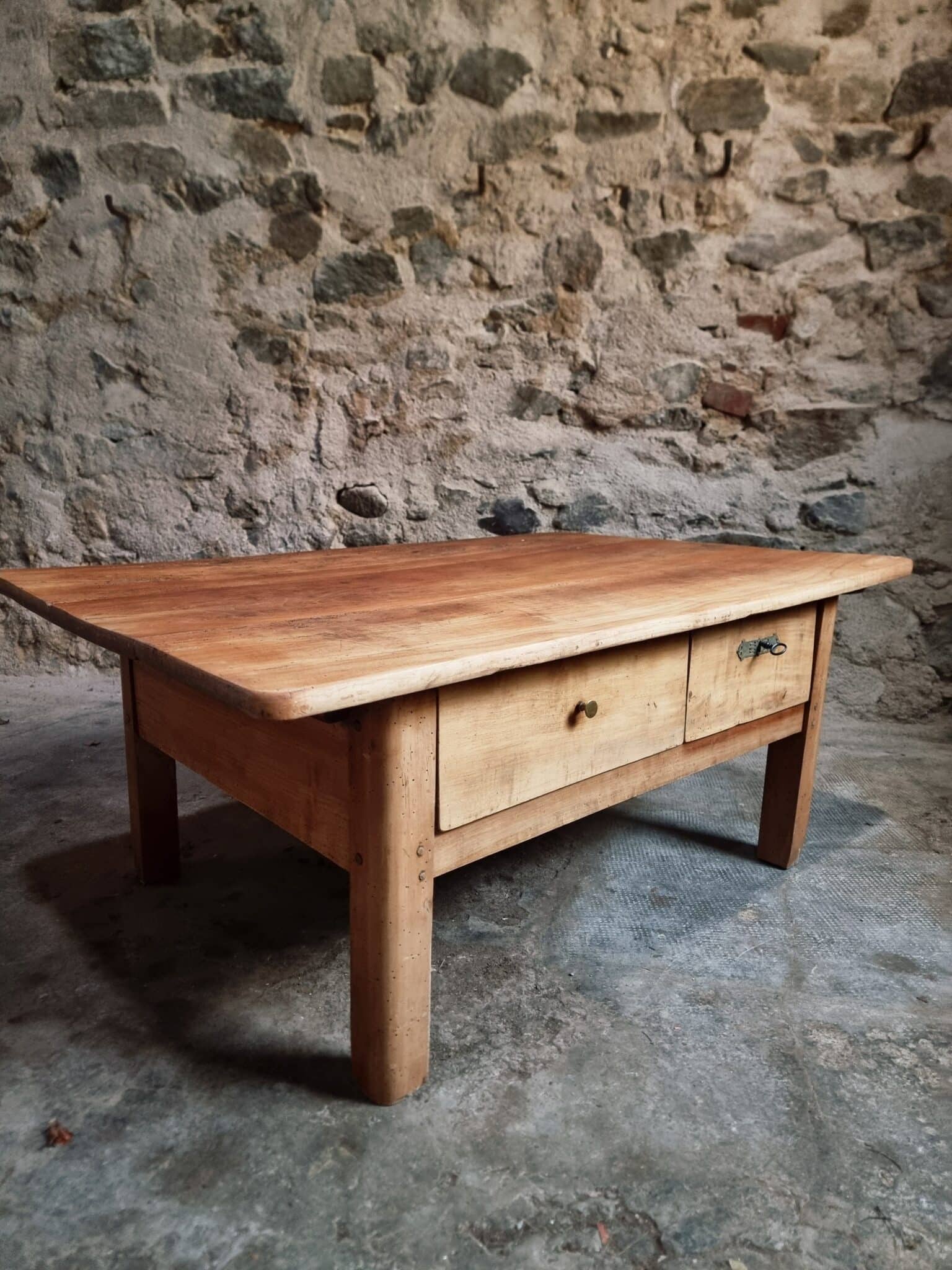 18th Century Cherrywood Coffee Table with Two Drawers (5) 18th century cherrywood coffee table angled view showing proportions and patina
