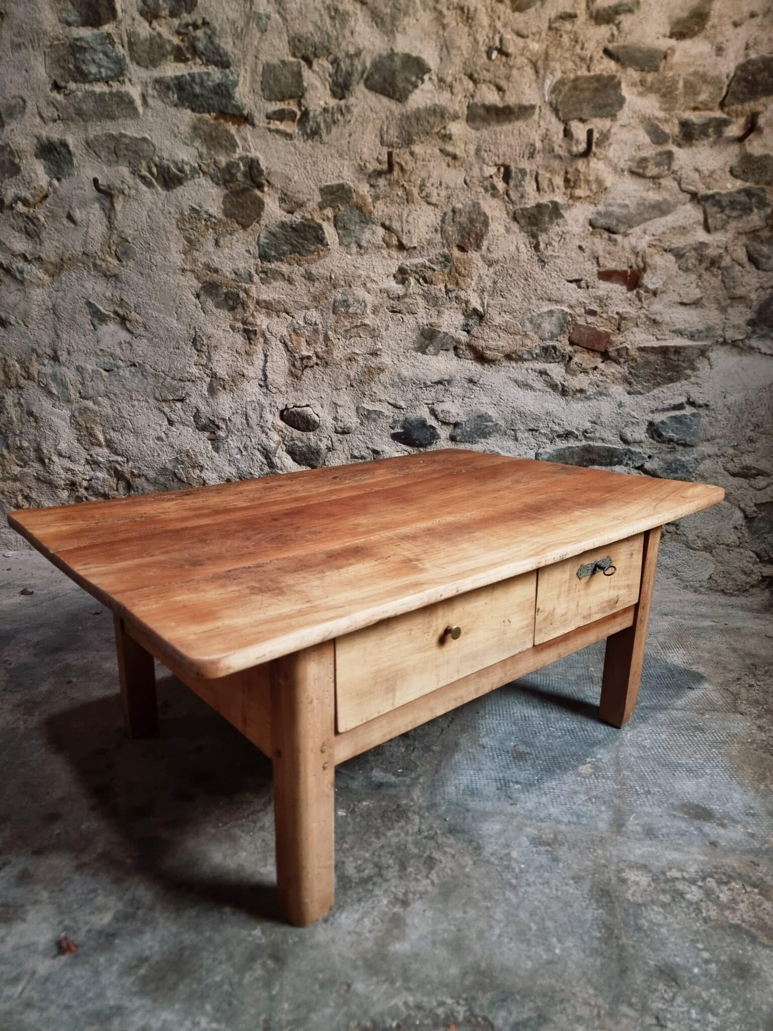 18th Century Cherrywood Coffee Table with Two Drawers (6) 18th century cherrywood coffee table side view with visible drawer fronts