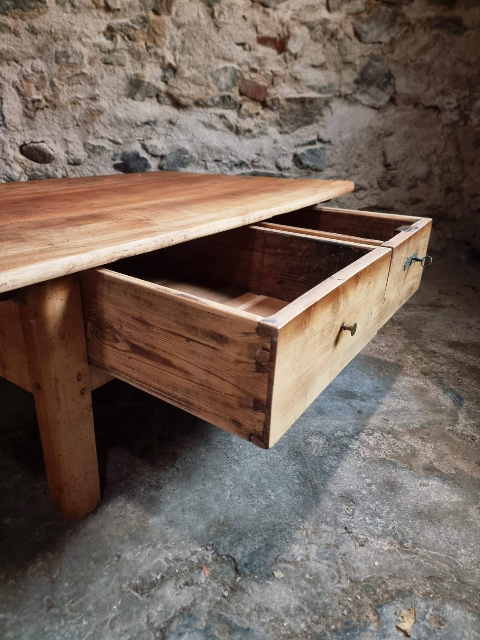 18th Century Cherrywood Coffee Table with Two Drawers (8) 18th century cherrywood coffee table open drawer detail showing interior