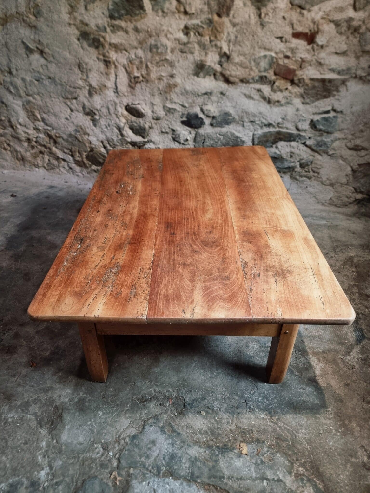 18th Century Cherrywood Coffee Table with Two Drawers (9) 18th century cherrywood coffee table close up of tabletop with aged patina