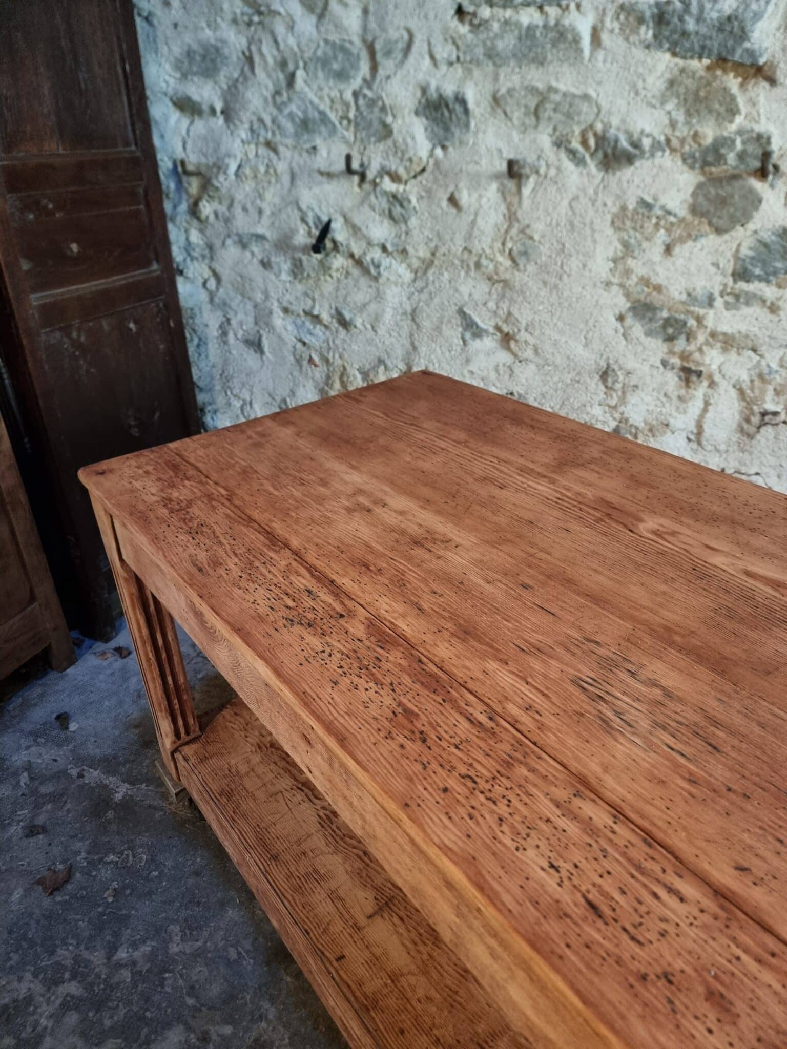 Antique French Pitch Pine Work Table – Large Atelier Draper’s Table, Early 20th Century (11) antique french work table close up of tabletop with aged patina