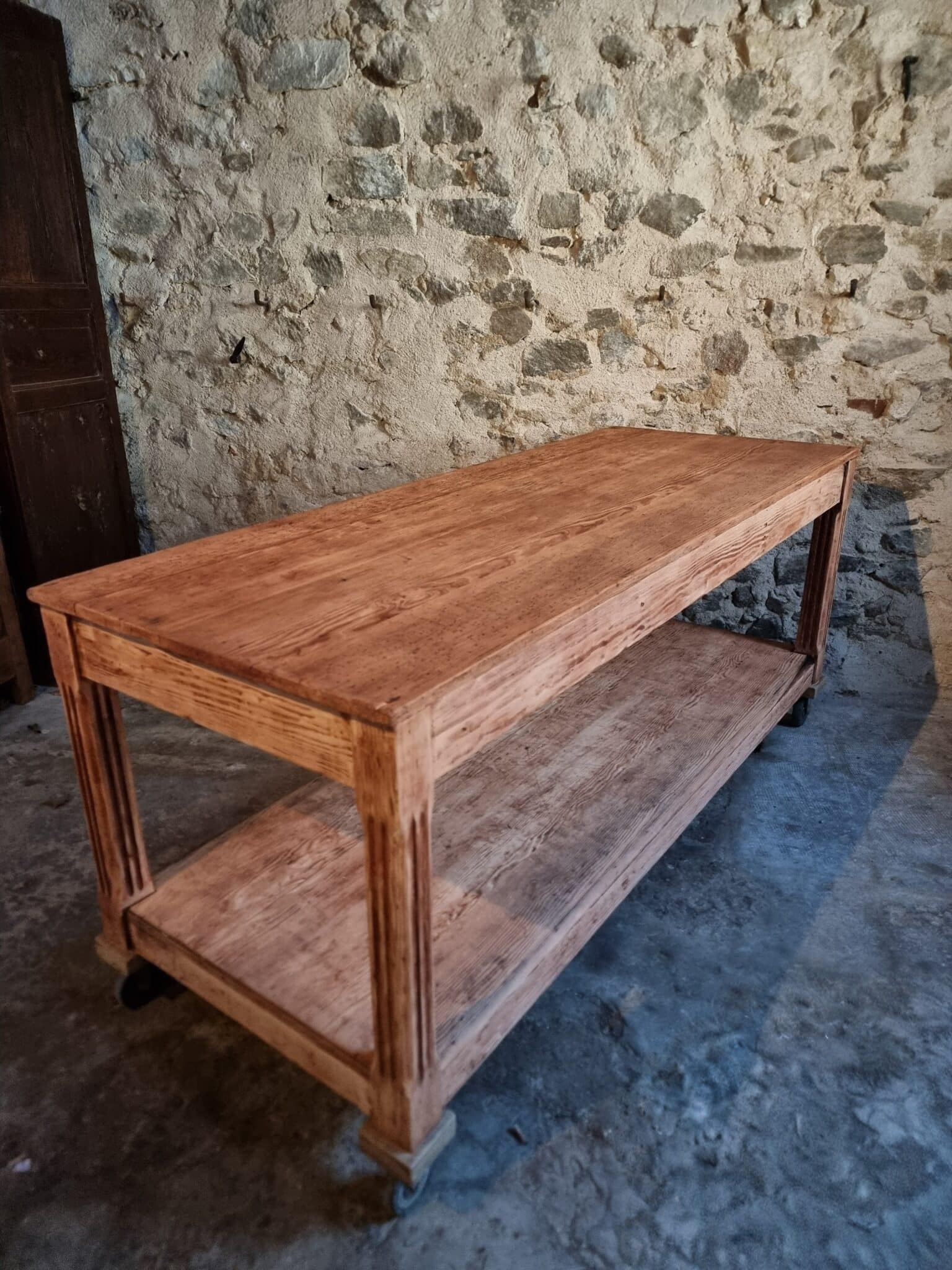 Antique French Pitch Pine Work Table – Large Atelier Draper’s Table, Early 20th Century (12) antique french work table full view highlighting proportions and height