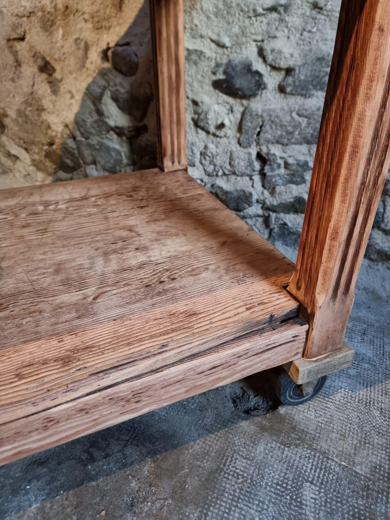 Antique French Pitch Pine Work Table – Large Atelier Draper’s Table, Early 20th Century (14) antique french work table lower shelf detail with aged wood grain