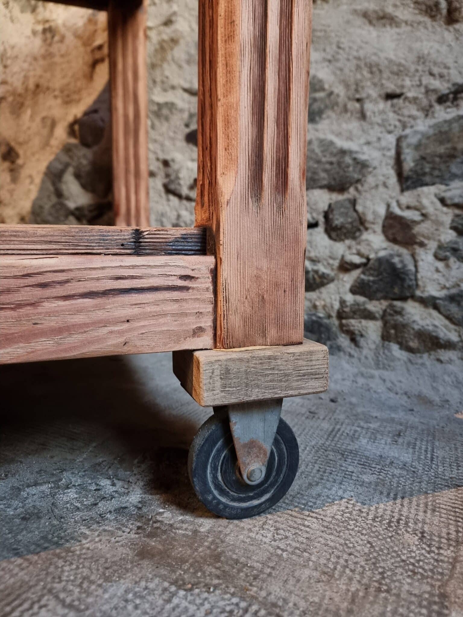Antique French Pitch Pine Work Table – Large Atelier Draper’s Table, Early 20th Century (15) antique french work table original caster wheel detail