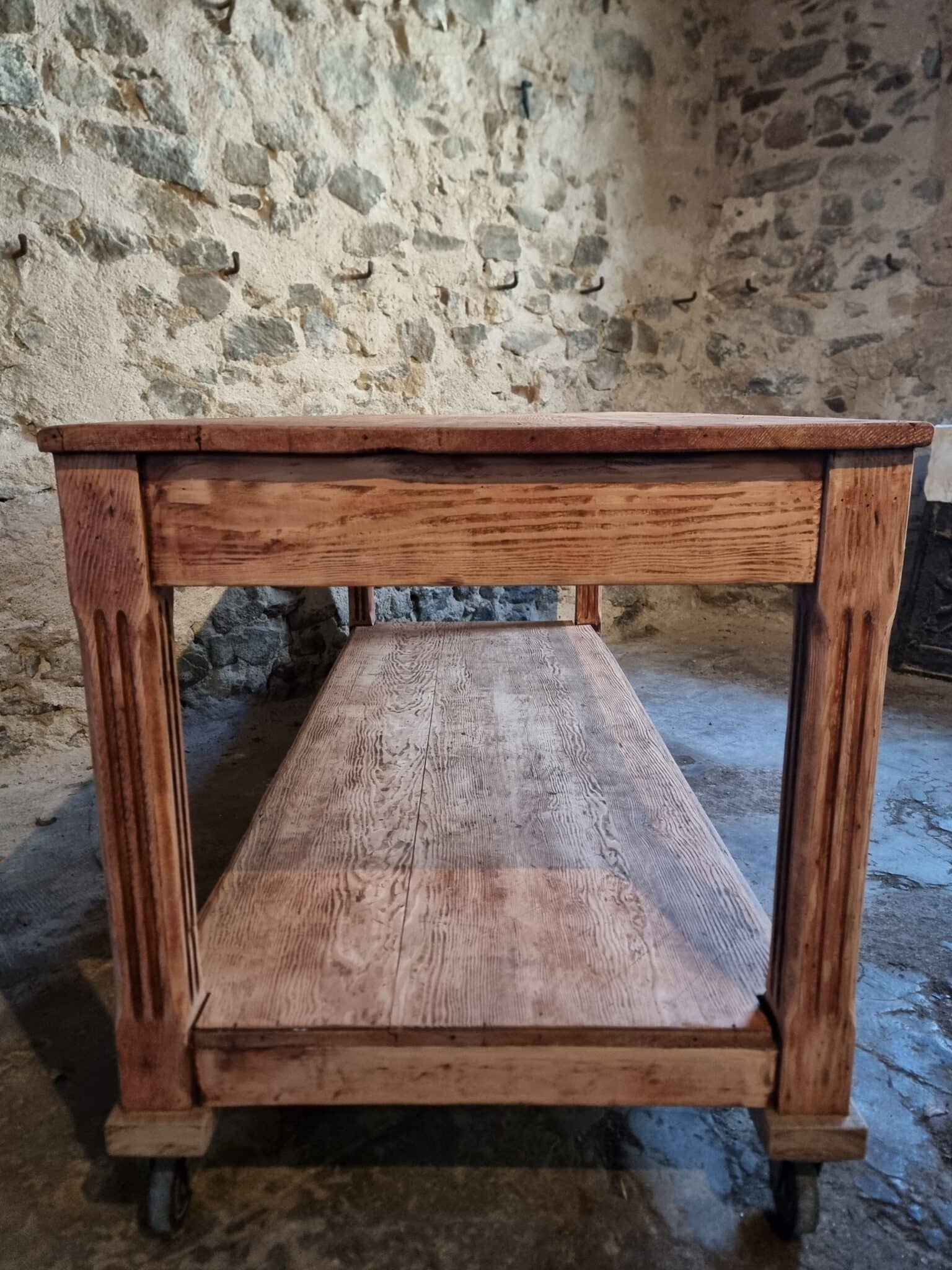 Antique French Pitch Pine Work Table – Large Atelier Draper’s Table, Early 20th Century (17) antique french work table front view with full lower shelf