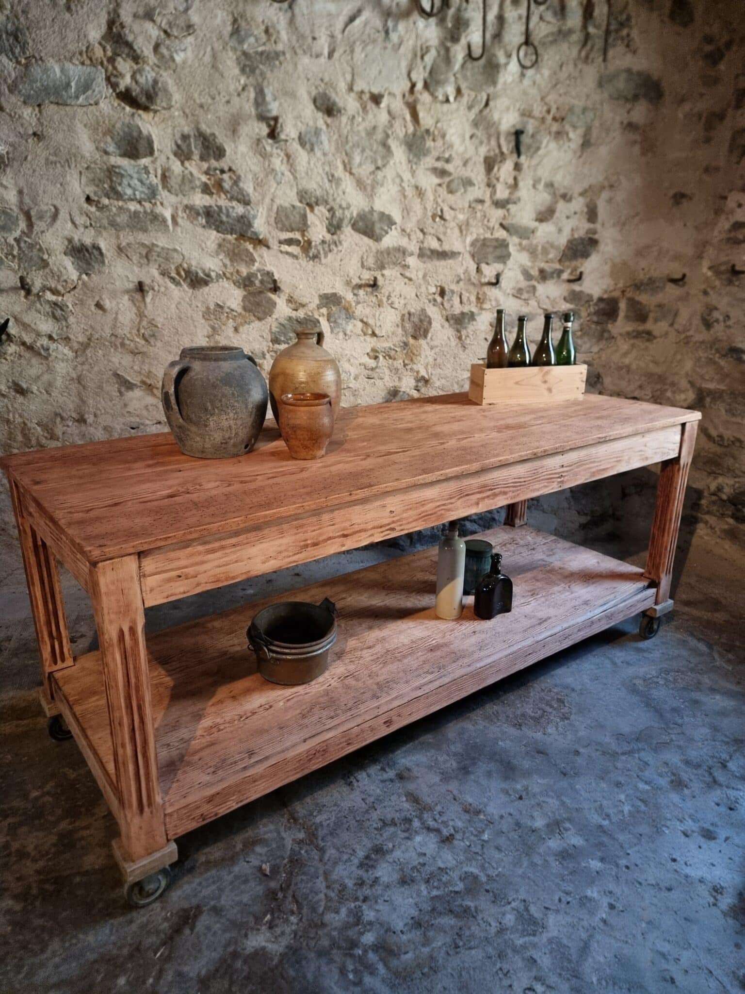 Antique French Pitch Pine Work Table – Large Atelier Draper’s Table, Early 20th Century (18) antique french work table styled with pottery and bottles
