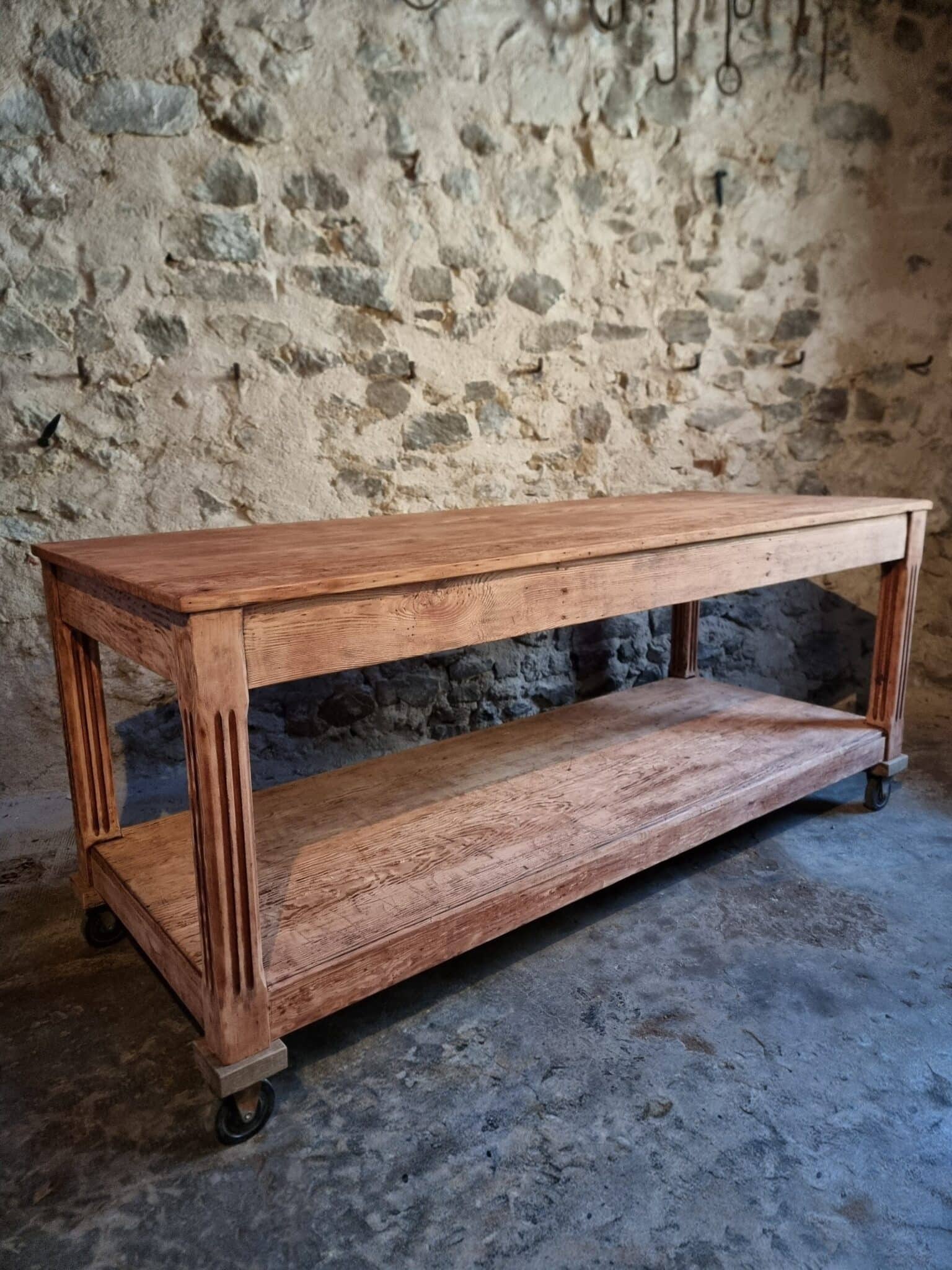 Antique French Pitch Pine Work Table – Large Atelier Draper’s Table, Early 20th Century (2) antique french work table perspective view showing full length