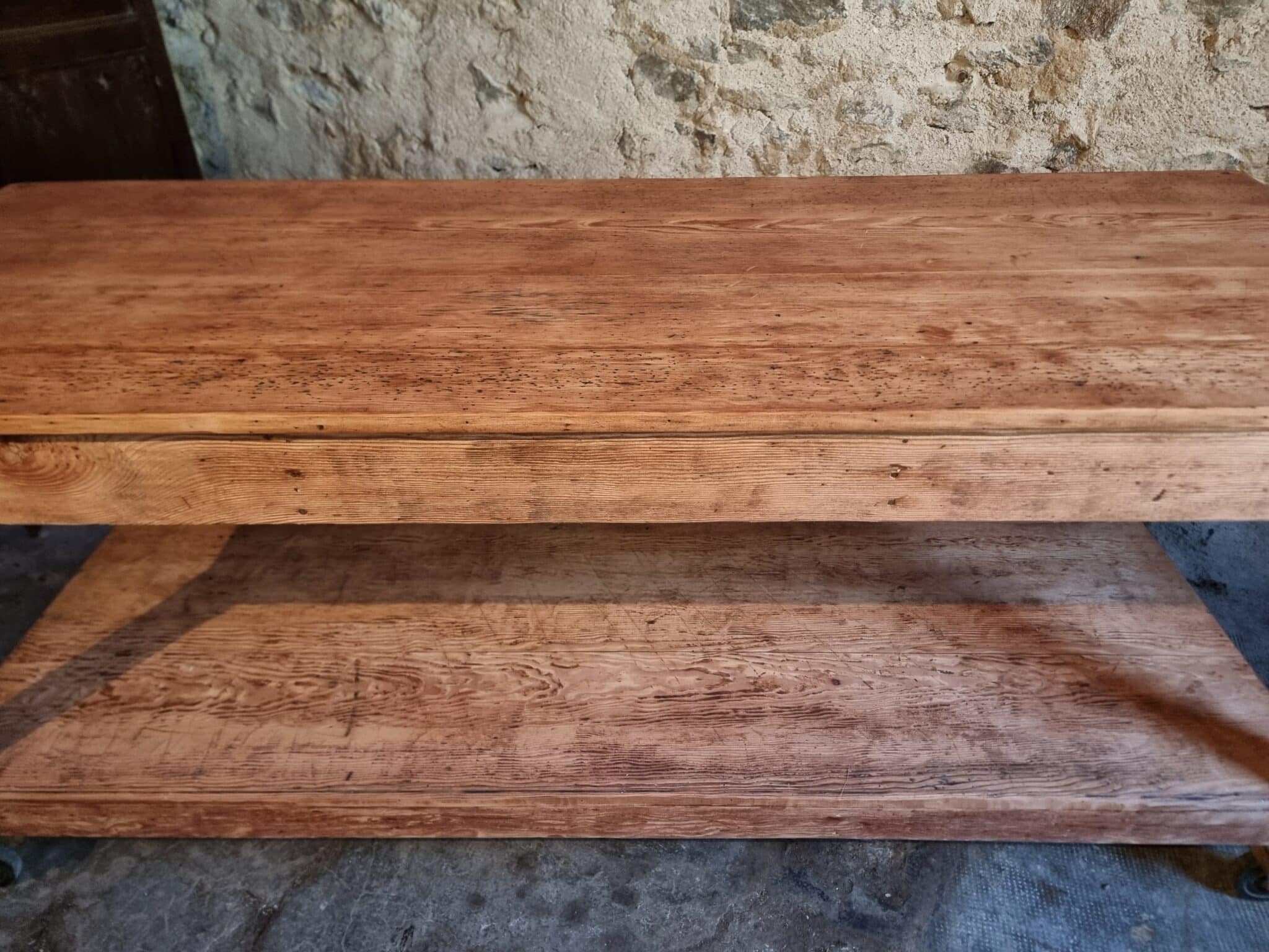 Antique French Pitch Pine Work Table – Large Atelier Draper’s Table, Early 20th Century (4) antique french work table lower shelf detail for storage use