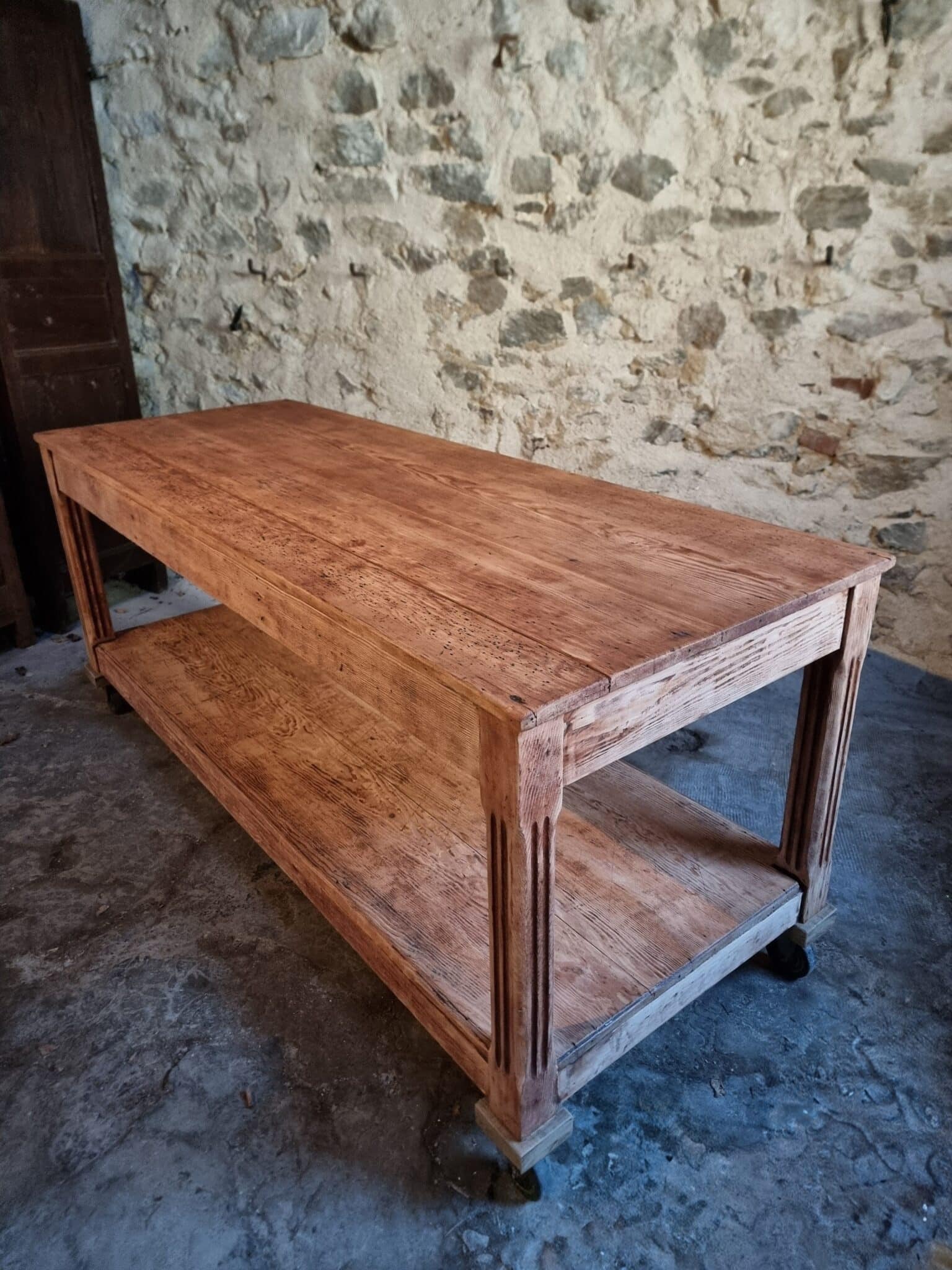 Antique French Pitch Pine Work Table – Large Atelier Draper’s Table, Early 20th Century (8) antique french work table angled view showing patina and proportions