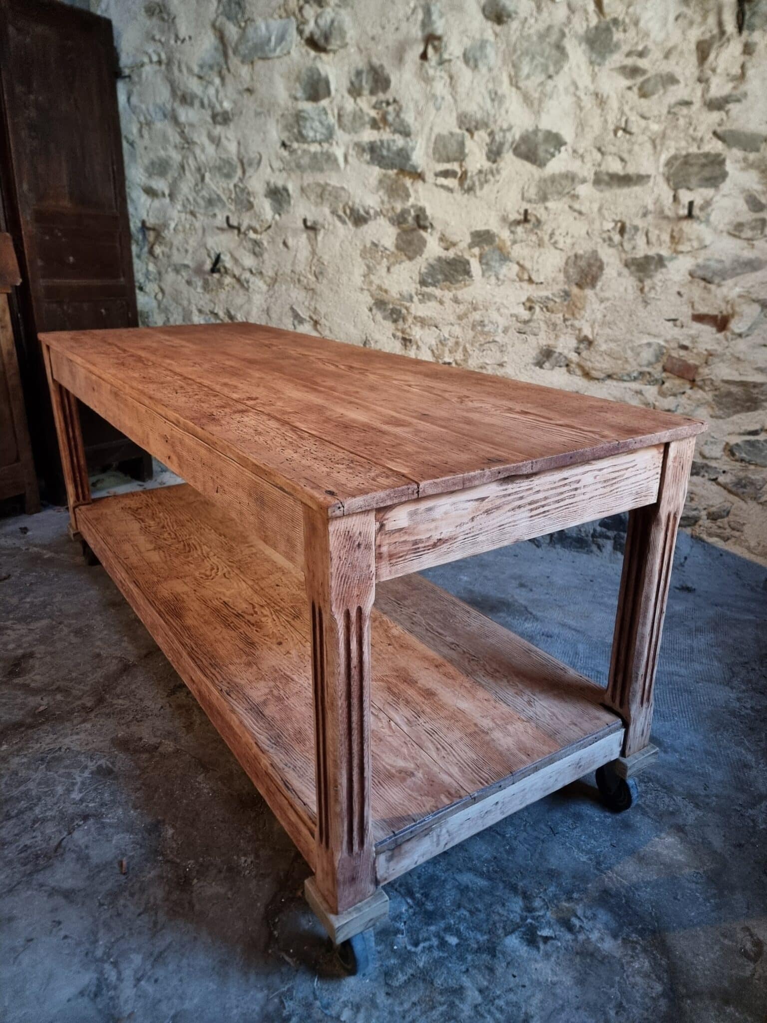 Antique French Pitch Pine Work Table – Large Atelier Draper’s Table, Early 20th Century (9) antique french work table perspective view showing full length