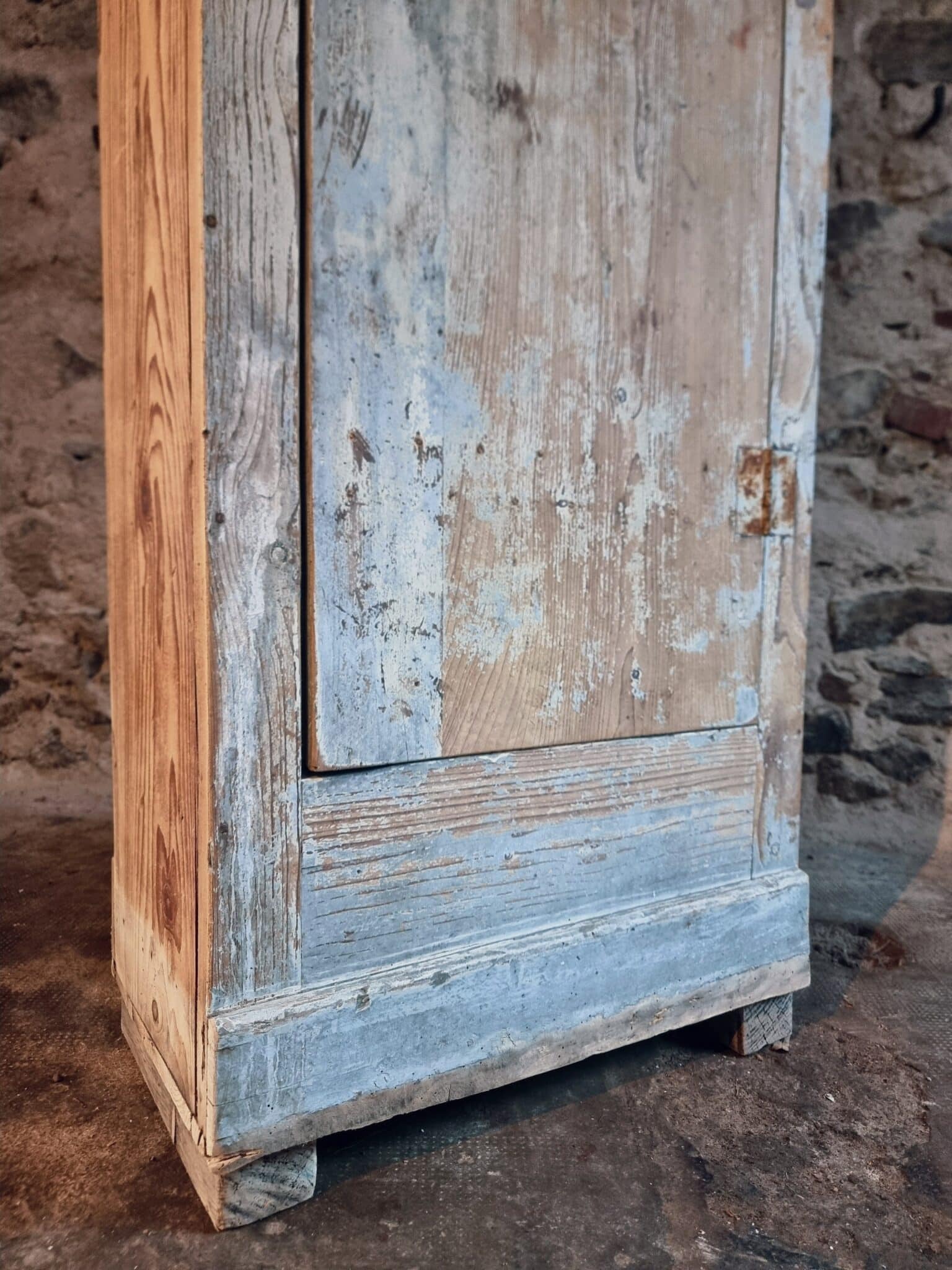 Antique French Work Cabinet 1900–1920 – Narrow Pine Kitchen Cupboard with Original Lock, 188 cm (14) Lower section of antique French work cabinet 1900–1920