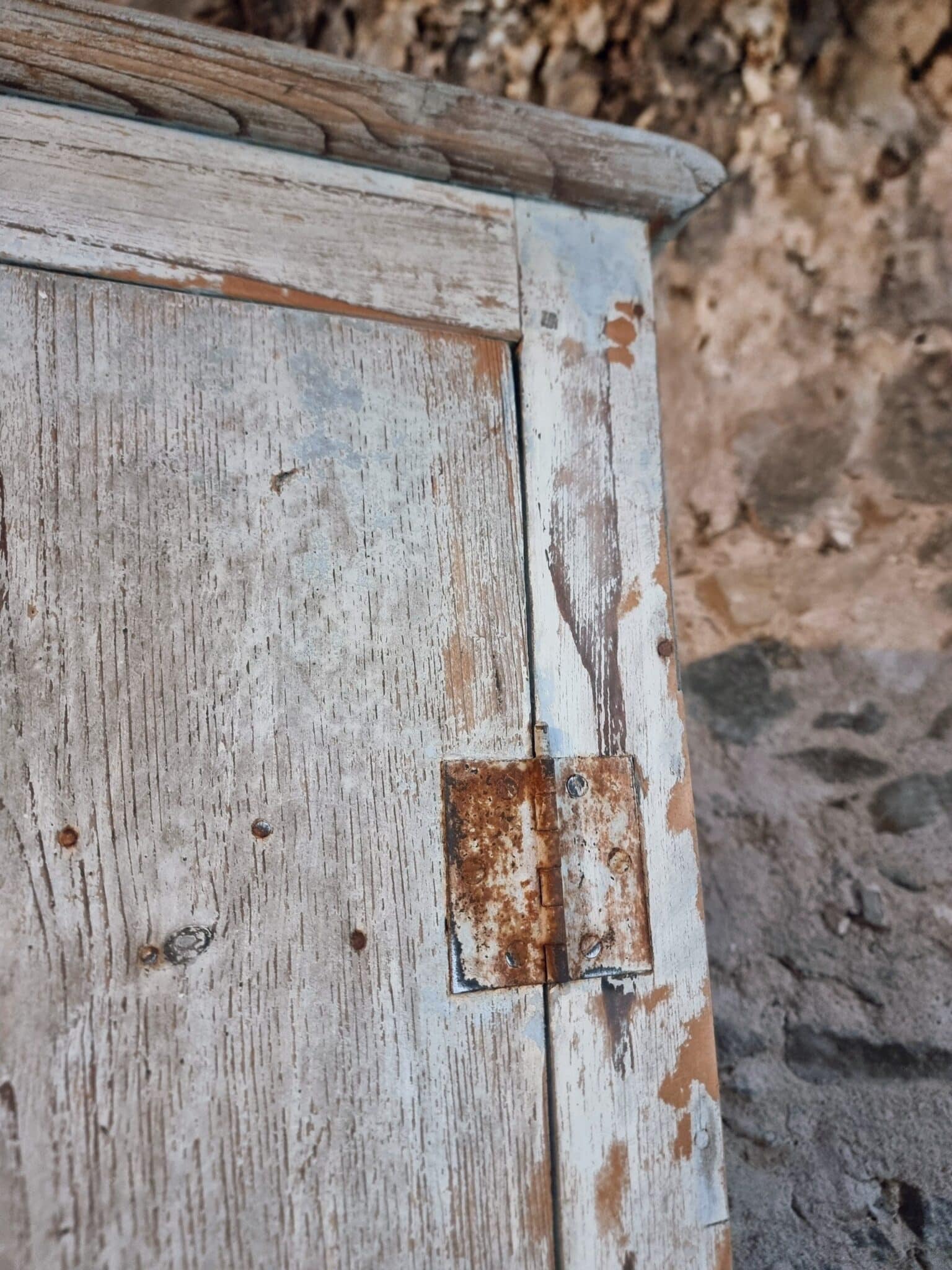 Antique French Work Cabinet 1900–1920 – Narrow Pine Kitchen Cupboard with Original Lock, 188 cm (15) Door hinge detail antique French cabinet
