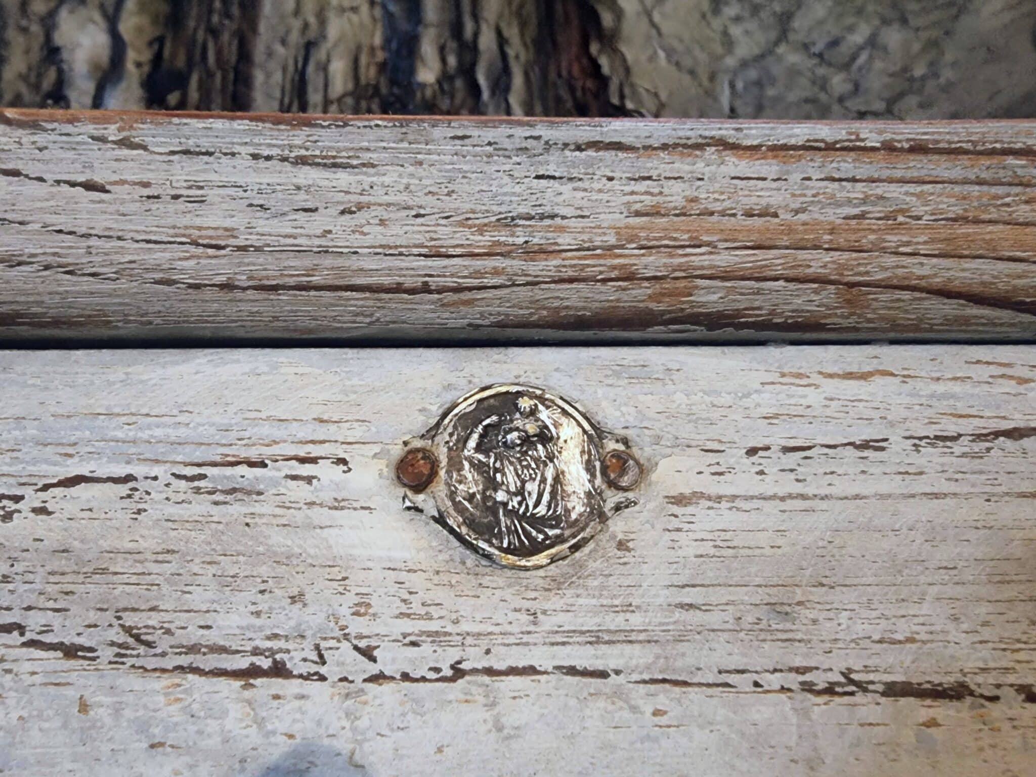 Antique French Work Cabinet 1900–1920 – Narrow Pine Kitchen Cupboard with Original Lock, 188 cm (7) Blue grey patina detail on antique pine cupboard