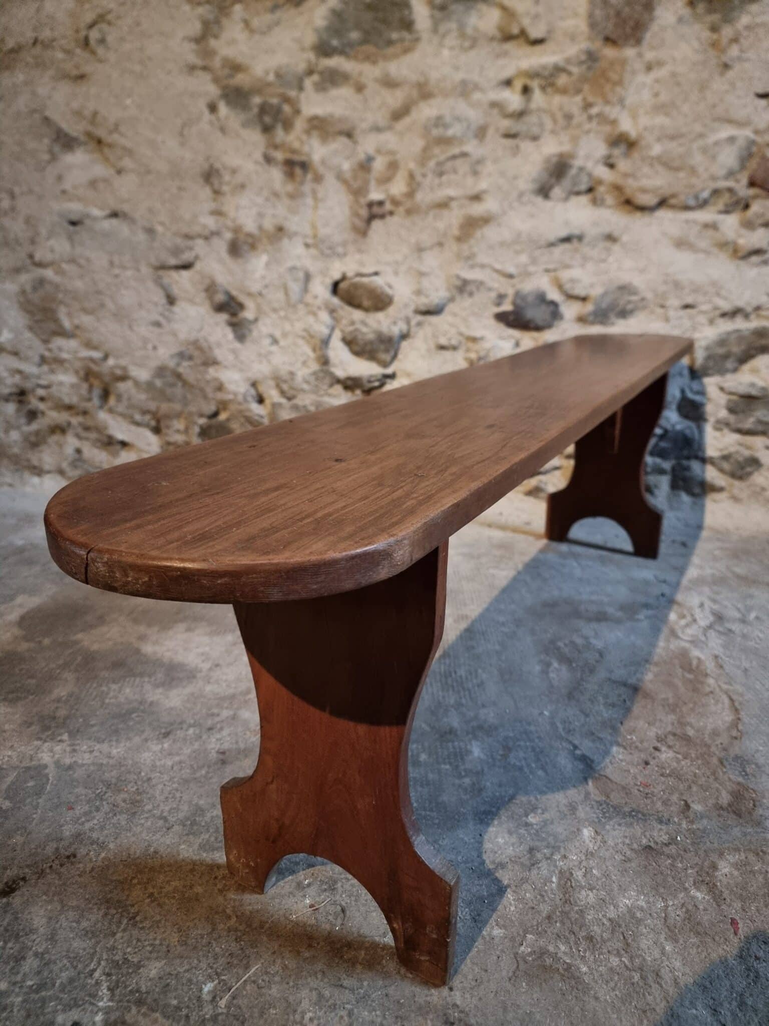 French Cherry Wood Bench, 1930s, Narrow Wooden Bench (13) vintage cherry wood bench France