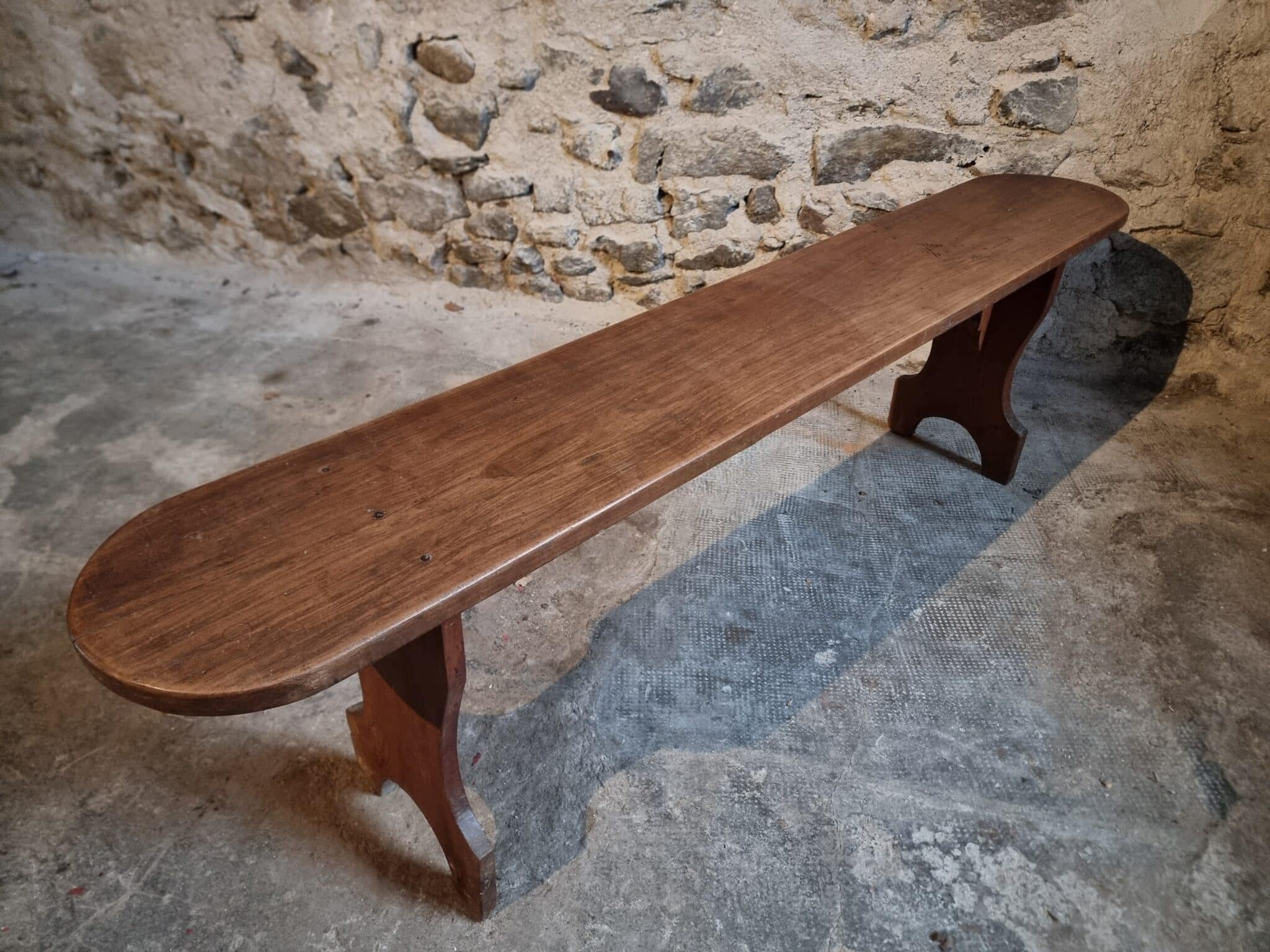 French Cherry Wood Bench, 1930s, Narrow Wooden Bench (2) French bench rounded edges seat