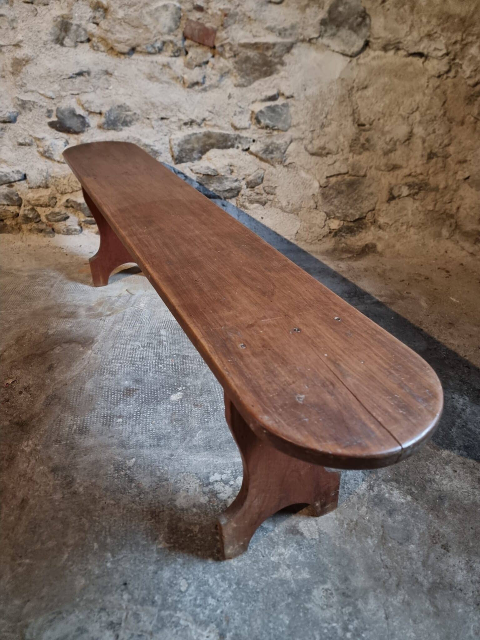 French Cherry Wood Bench, 1930s, Narrow Wooden Bench (5) minimalist vintage wooden bench