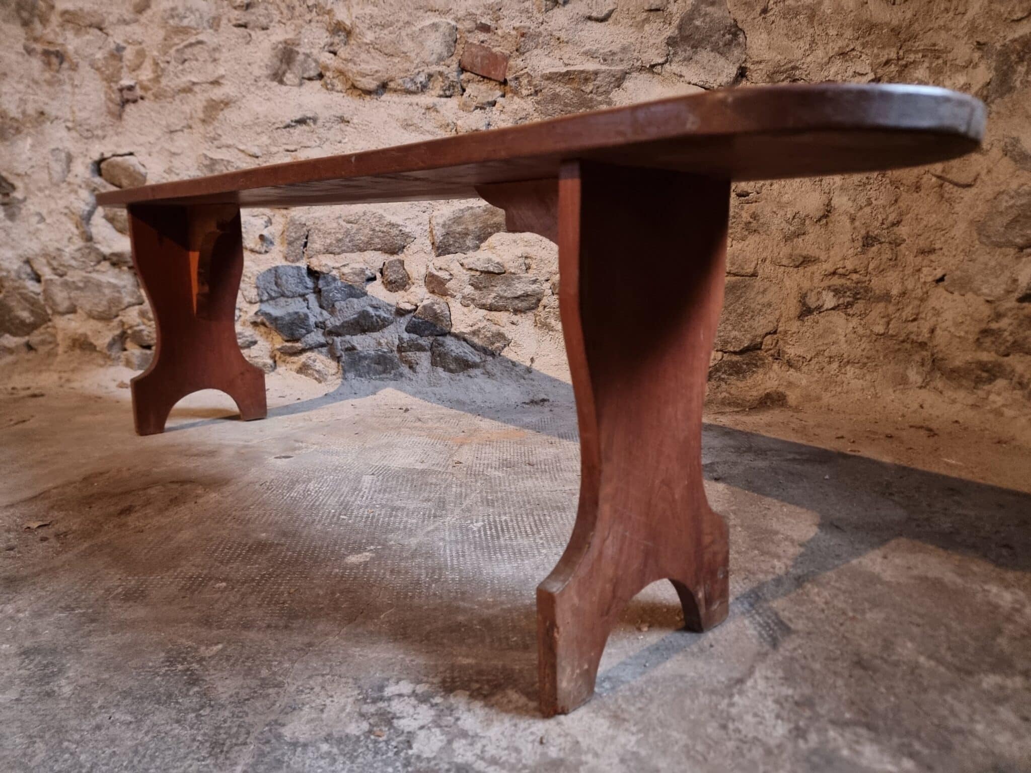 French Cherry Wood Bench, 1930s, Narrow Wooden Bench (6) wooden bench with shaped legs