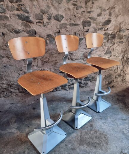 industrial swivel bar stools set of three front view mid century workshop chairs wood and metal