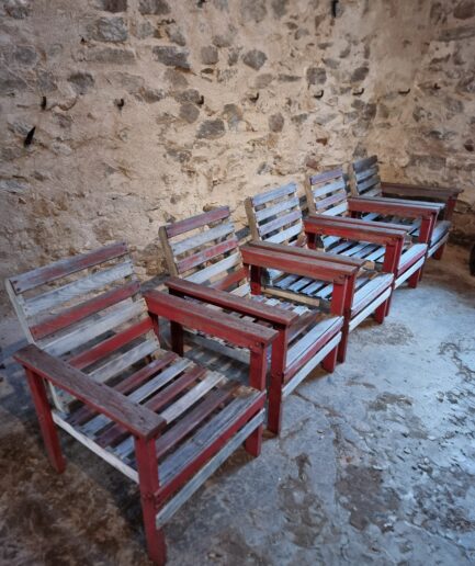 Set of 5 French wooden lounge chairs 1930s in beech and chestnut wood
