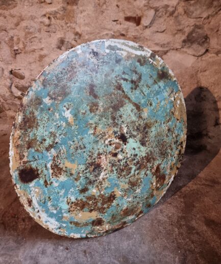 Vintage French round metal table top distressed paint