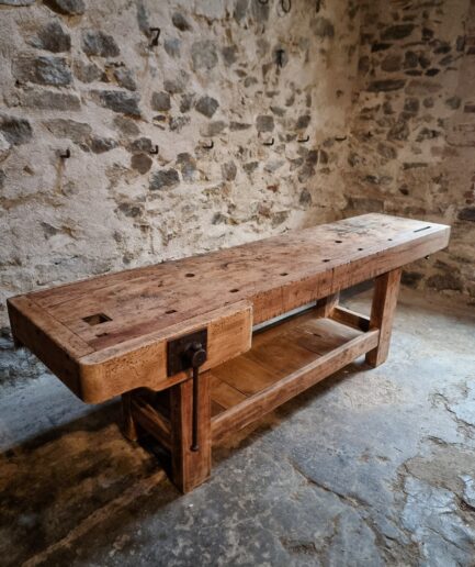 Antique French beechwood workbench full view Vichy
