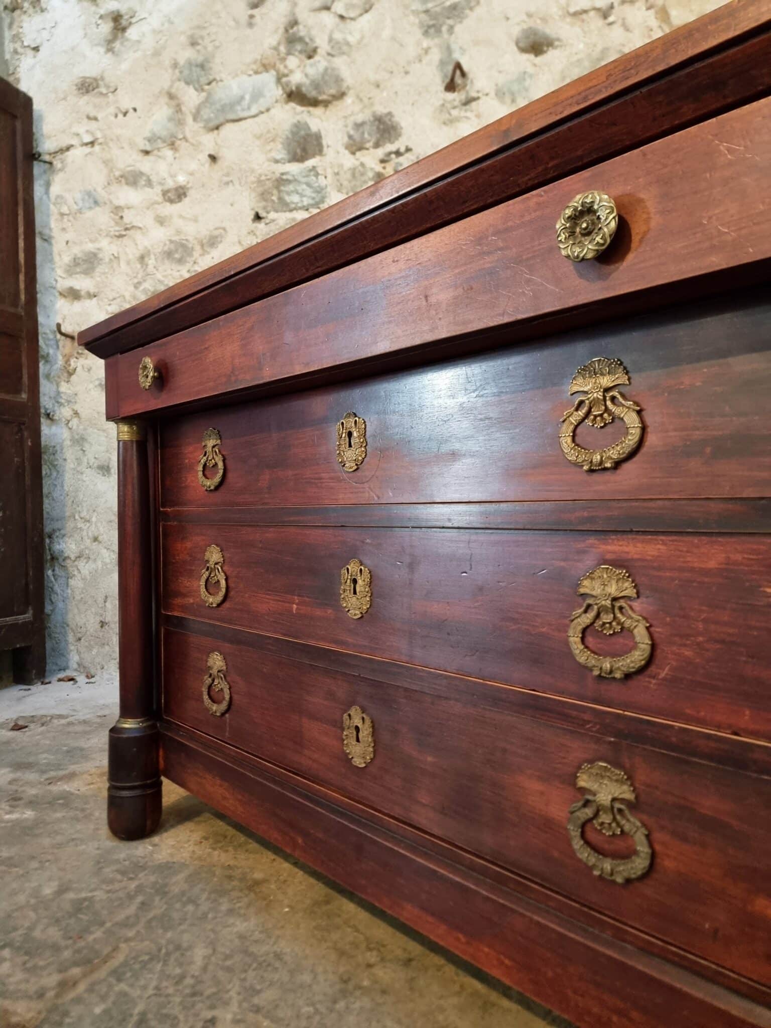 Antique French Empire Commode (Chest of Drawers) in Mahogany (16) Mahogany Empire commode with decorative bronze handles