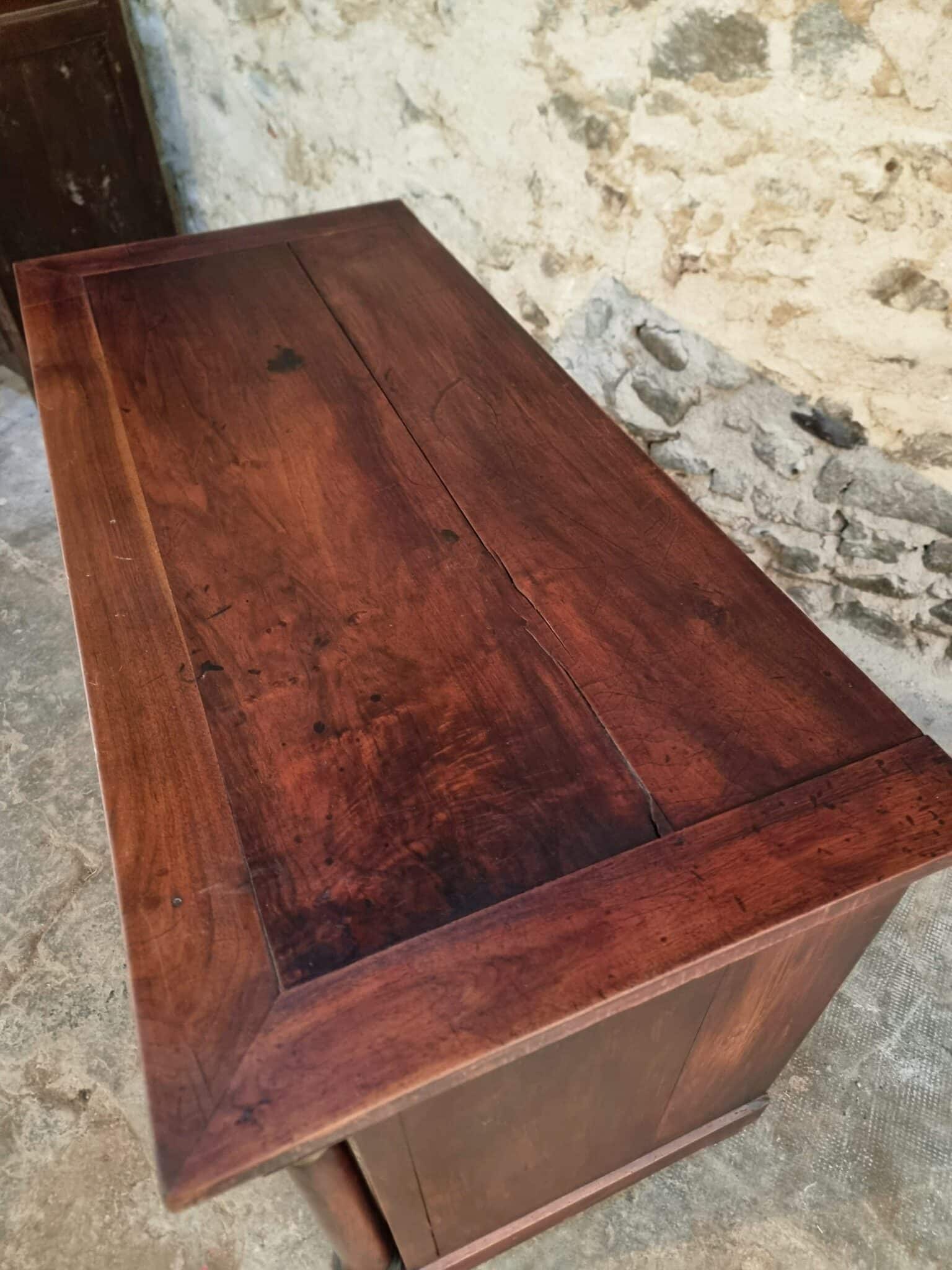 Antique French Empire Commode (Chest of Drawers) in Mahogany (18) Detail of top surface with natural wear and patina