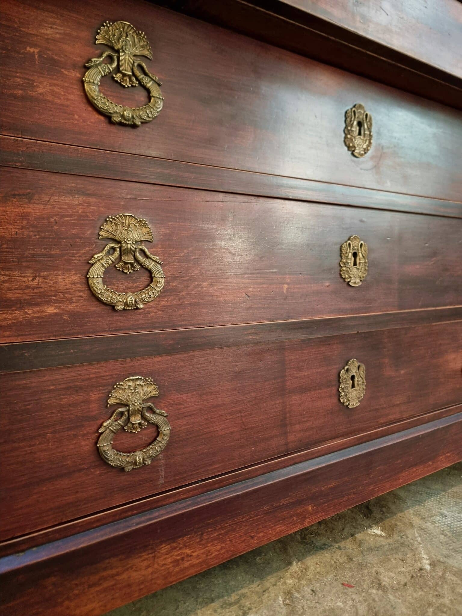 Antique French Empire Commode (Chest of Drawers) in Mahogany (2) Detail of bronze handles on French Empire chest