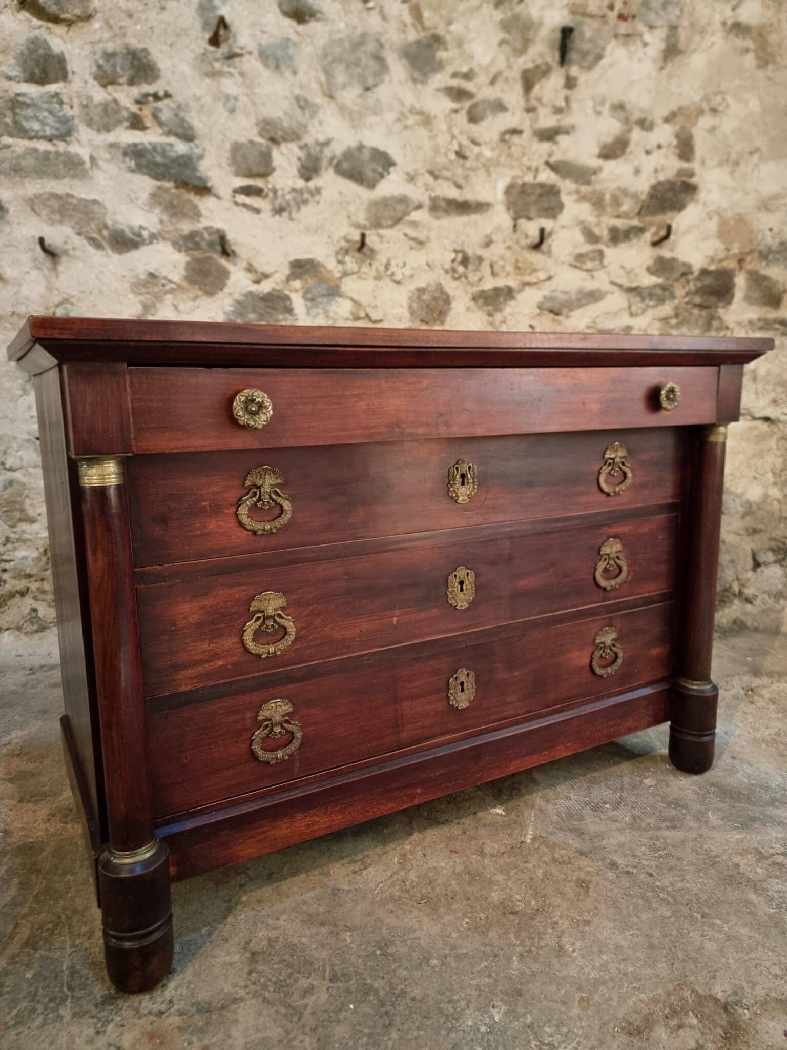 Antique French Empire Commode (Chest of Drawers) in Mahogany (20) Antique French dresser with classical column accents