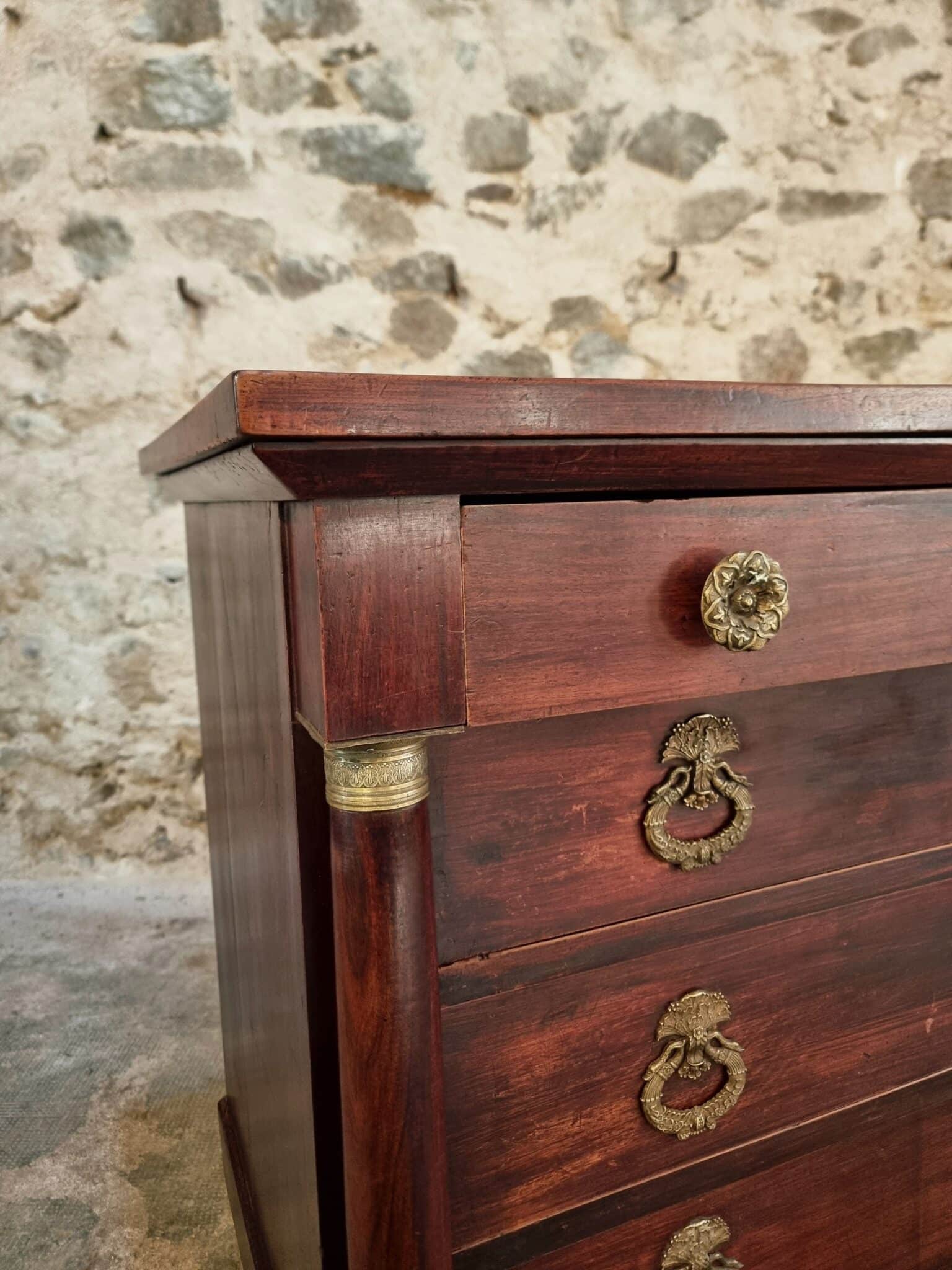 Antique French Empire Commode (Chest of Drawers) in Mahogany (3) Close-up of column detail with brass ring