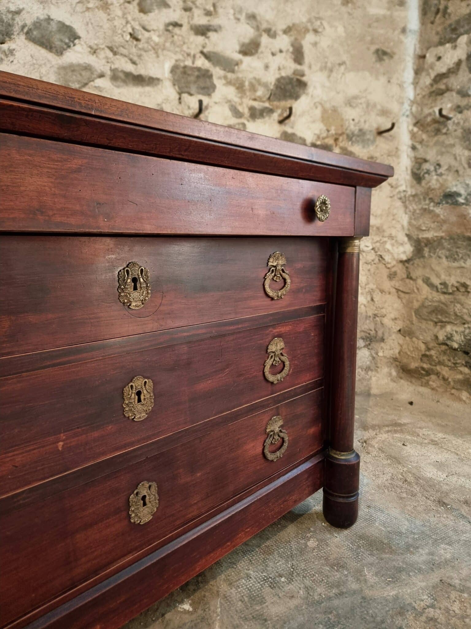 Antique French Empire Commode (Chest of Drawers) in Mahogany (4) Close-up of aged patina on Empire chest of drawers